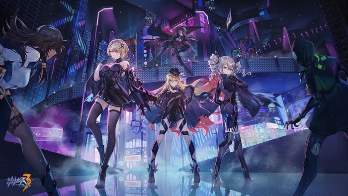 Anime girls from Honkai Impact 3rd in a futuristic city
