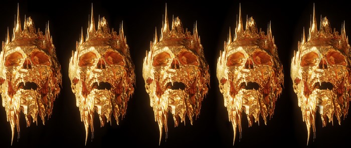 Five golden melting skulls with sharp spikes