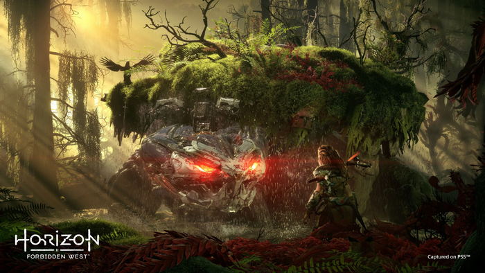 Aloy from Horizon II: Forbidden West fighting a machine