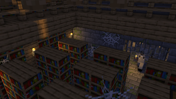 Minecraft library with wolf and bookshelves