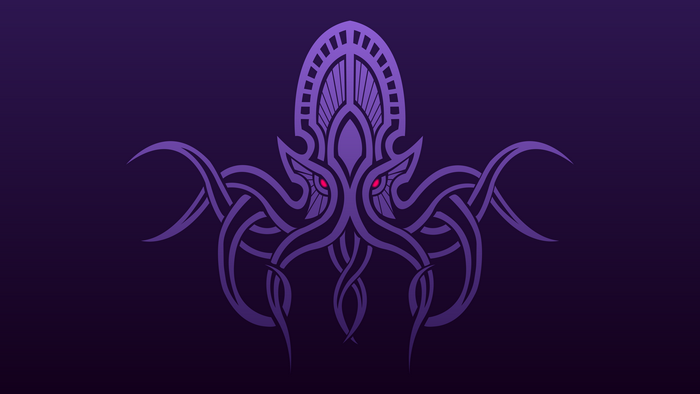 Purple Cthulhu octopus artwork with red eyes