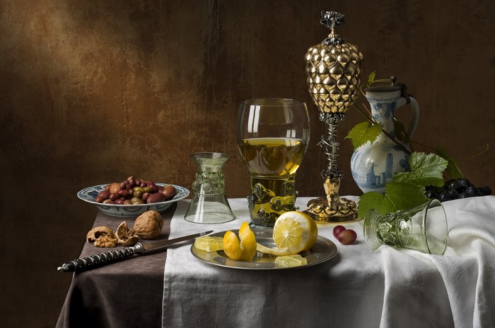 Still life with fruit, nuts, and wine