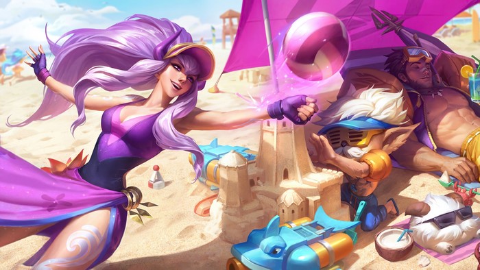 Star Guardian Syndra, Heimerdinger, and Jarvan IV at the beach