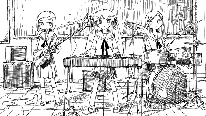 Anime girls playing musical instruments in a band