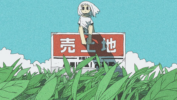 Anime girl sitting on a sign in a field