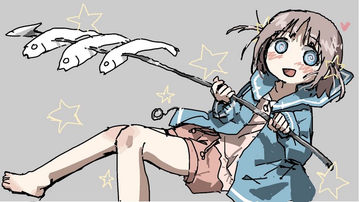 Anime girl holding a stick with fish