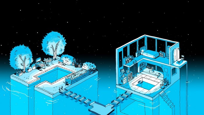 Isometric artwork of a house and pool under the stars