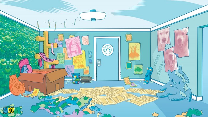 Teen Titans Go! room with posters and toys