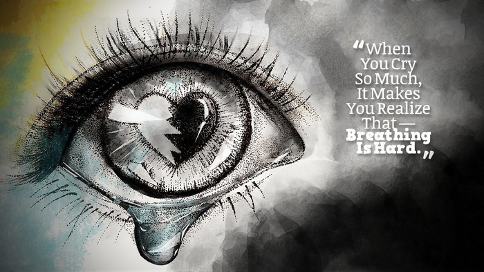Eye with broken heart and quote about crying