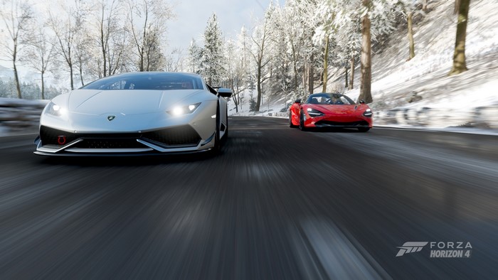 Lamborghini and McLaren sports cars racing in Forza Horizon 4
