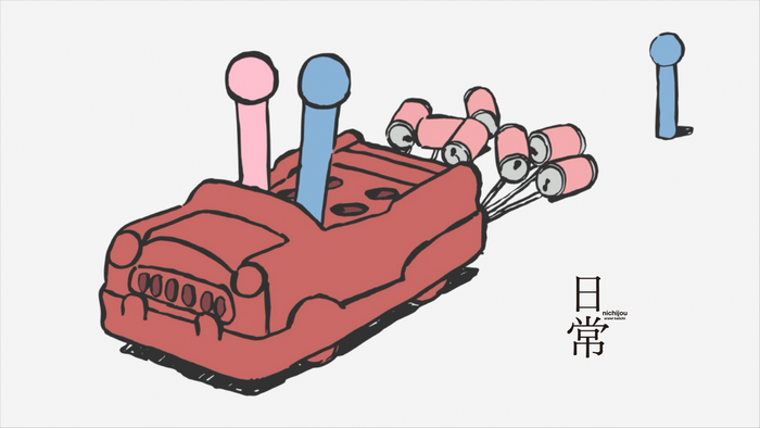 Nichijou: Red car with pink and blue rods and cans