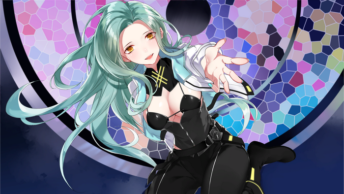 Anime girl with teal hair reaching out