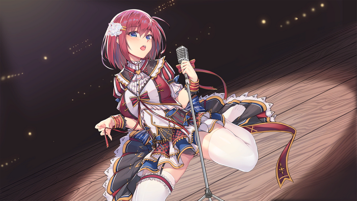 Anime girl singing into a microphone on stage