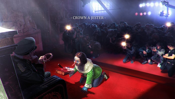 Man in uniform crowns a jester with a collar