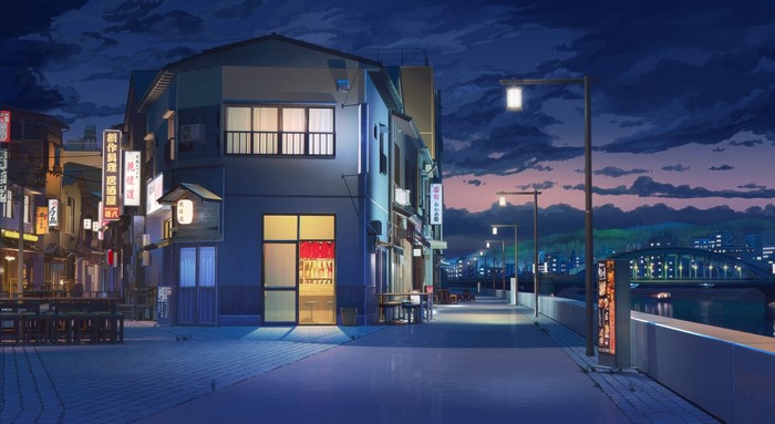 Anime street at night with Japanese buildings and a bridge