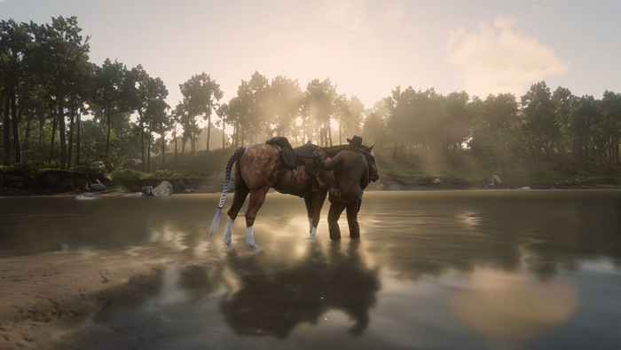 Arthur Morgan from Red Dead Redemption 2 in water with horse