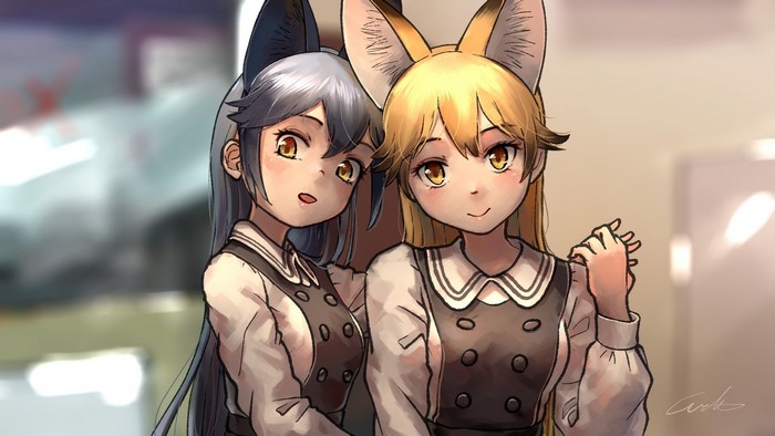 Two Kemono Friends girls in maid outfits