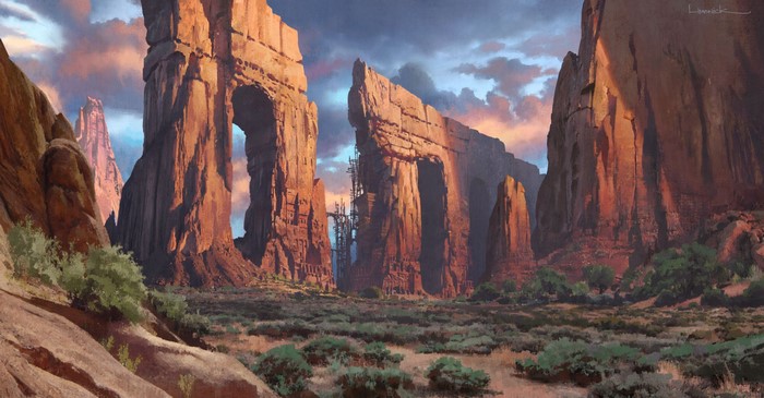 Digital art of desert ruins with rock formations