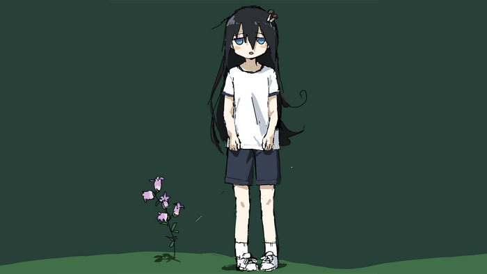 Anime girl with black hair and blue eyes standing in a field