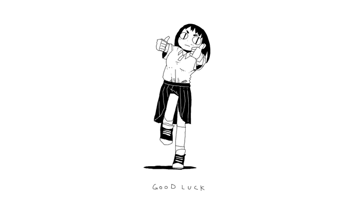 Anime girl giving thumbs up with "Good Luck" text