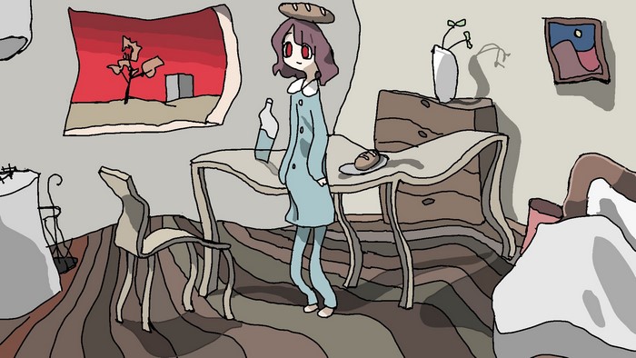 Anime girl with bread on head in distorted room