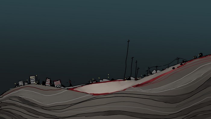 Abstract artwork of a desolate landscape with a city