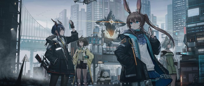 Arknights Setsai artwork with anime characters in a city
