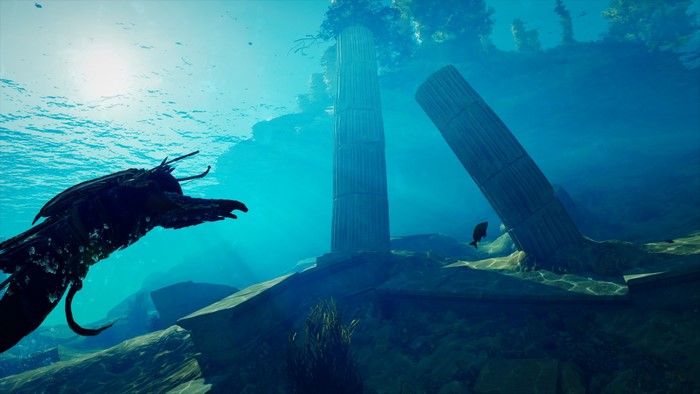 Underwater ruins with ancient columns and a sea creature