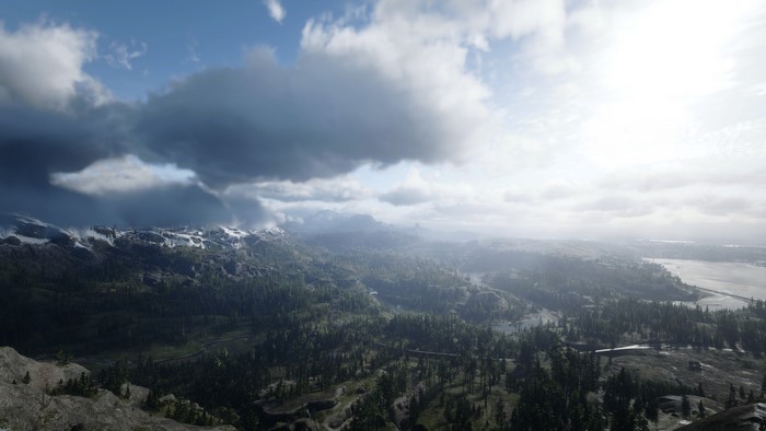 Landscape with mountains and a lake in Red Dead Redemption 2