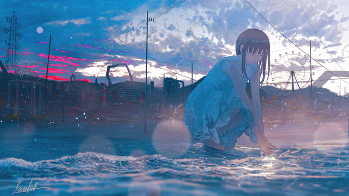 Anime girl by the sea with ferris wheel and ruins