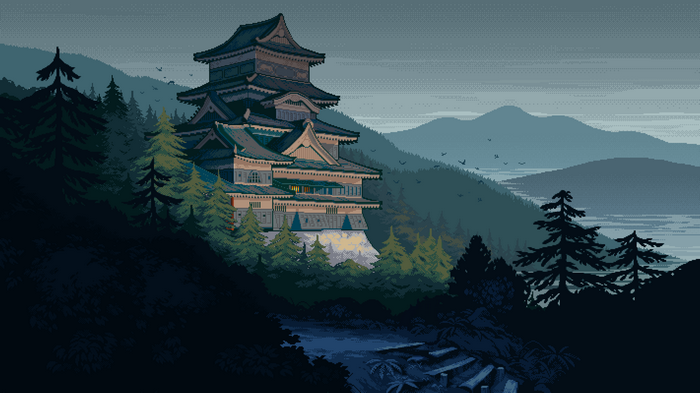 Pixel art of a Japanese castle in a misty mountain landscape
