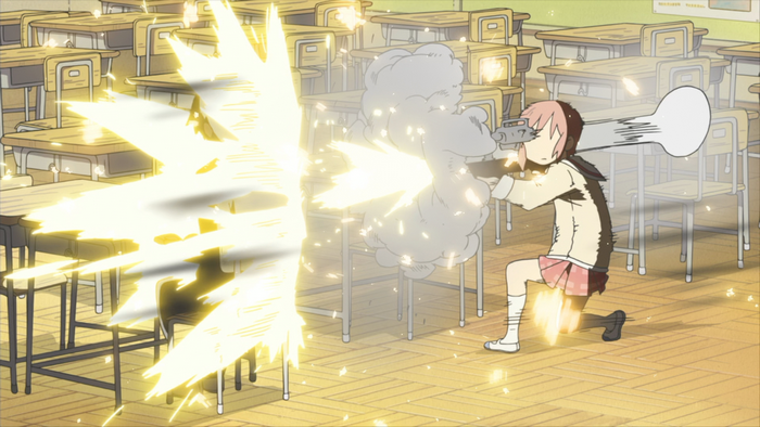 Girl with pink hair firing a weapon in a classroom