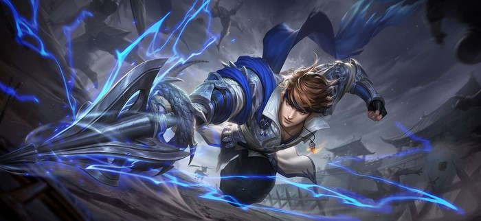 Anime warrior with a spear and blue lightning