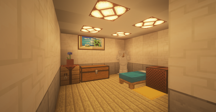 Minecraft bedroom with bed, chest, and painting