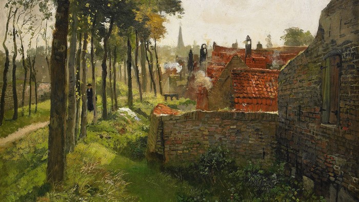 Painting of a village scene with trees and buildings by Frits Thaulow