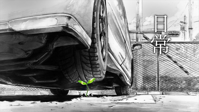 Nichijou anime art with selective coloring of a plant under a car