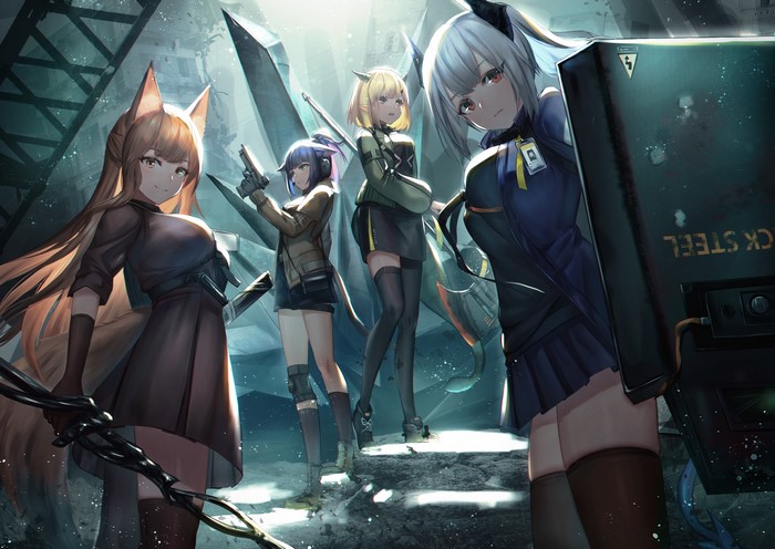 Arknights characters Jessica, Franka, Liskarm, and Dolsuke