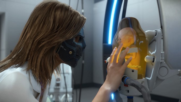 Death Stranding screenshot featuring a masked woman and a baby