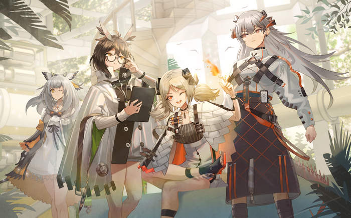 Ptilopsis, Ifrit, Silence, and Saria from Arknights