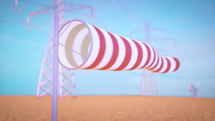 Red and white windsock near power lines