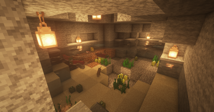 Minecraft cave with water and lanterns