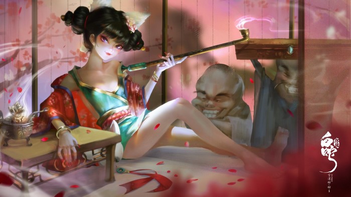 Anime fox girl smoking a pipe in a room