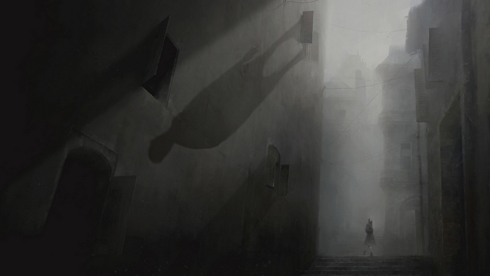 A girl and a shadow in a foggy alleyway