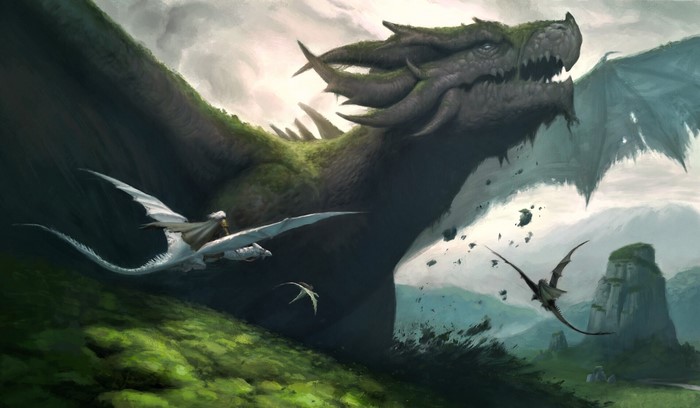 Fantasy artwork of dragons and riders in a mountainous landscape
