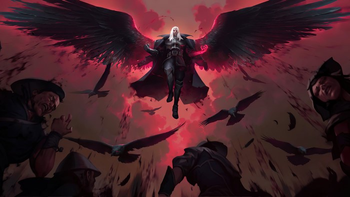 Swain from League of Legends with black wings and crows
