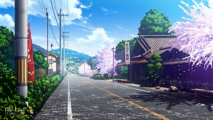 Anime street scene with cherry blossoms and traditional Japanese buildings