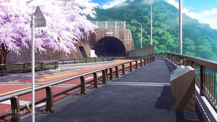 Anime road with cherry blossoms and tunnel