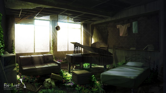 Abandoned room with piano and bed