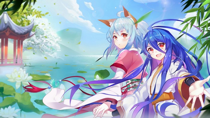 Anime girls by a pond with a pagoda