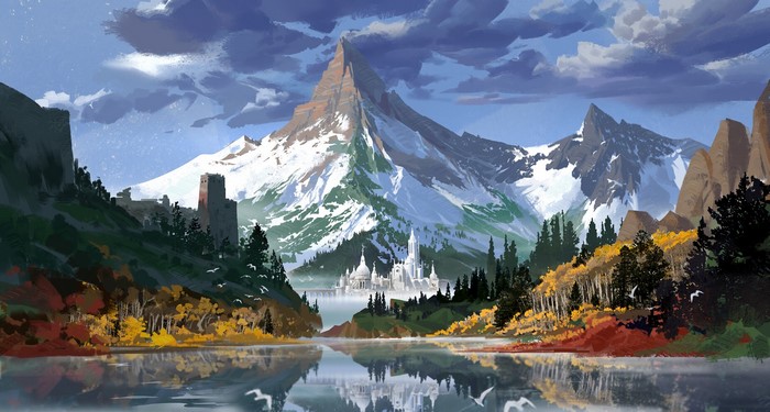 Digital art landscape of mountains, castle, and lake